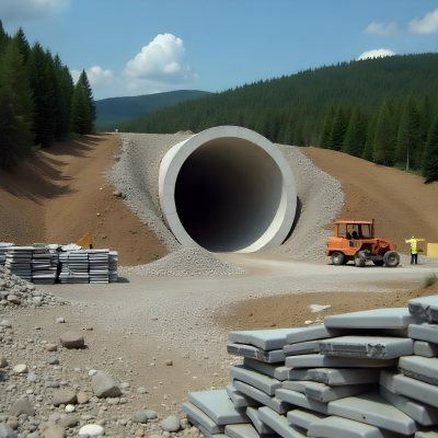 A Large Concrete Tunnel With An Arched Entrance Surrounded By A Dirt Road And Construction Materials The Tunnel Appears To Be Part Of A Transportation Infrastructure Project Likely A Highway Or Railway 5 69a2