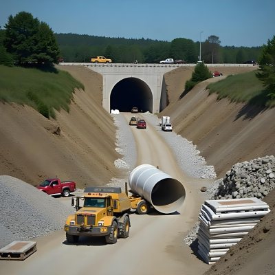 A Large Concrete Tunnel With An Arched Entrance Surrounded By A Dirt Road And Construction Materials The Tunnel Appears To Be Part Of A Transportation Infrastructure Project Likely A Highway Or Railway 6 88a4
