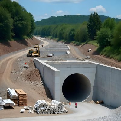 A Large Concrete Tunnel With An Arched Entrance Surrounded By A Dirt Road And Construction Materials The Tunnel Appears To Be Part Of A Transportation Infrastructure Project Likely A Highway Or Railway 7 0b50