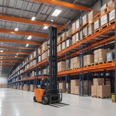 A Large Industrial Warehouse With High Ceilings Metal Shelving Units And An Orange Forklift In The Foreground 17 Bde0