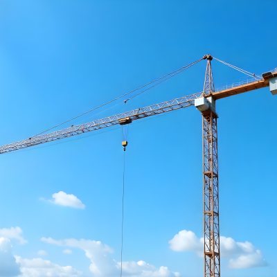 A Large Yellow Construction Crane Against A Bright Blue Sky 3 5b39