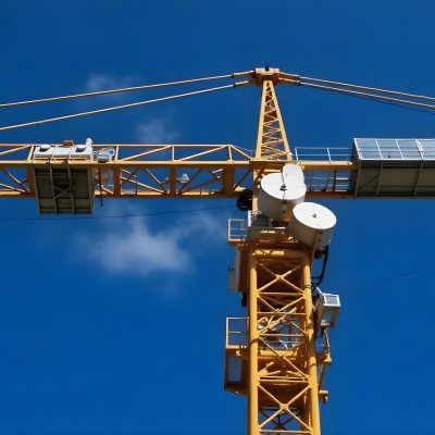 A Large Yellow Construction Crane Against A Bright Blue Sky 7 B993