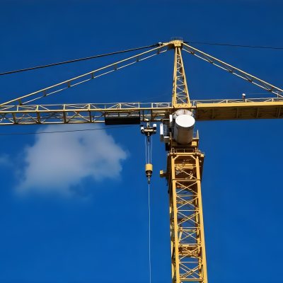 A Large Yellow Construction Crane Against A Bright Blue Sky 8 E8a1