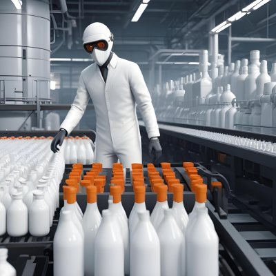 A Person With A White Suit And Mask Working In A Factory A Conveyor Belt With Small White Bottles In The Foreground 14 B72d