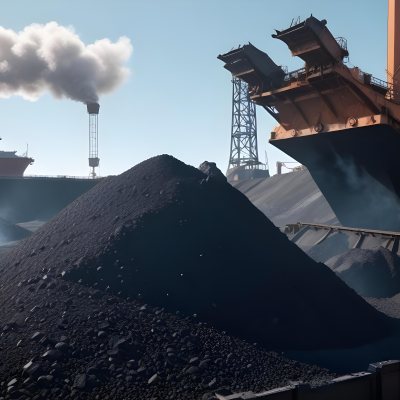 A Pile Of Coal Being Poured From A Conveyor Belt With A Large Ship In The Background Industrial Equipment And A Clear Blue Sky 11 A84b