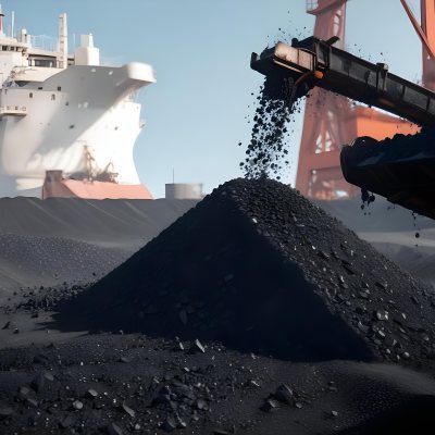 A Pile Of Coal Being Poured From A Conveyor Belt With A Large Ship In The Background Industrial Equipment And A Clear Blue Sky 28 1e06