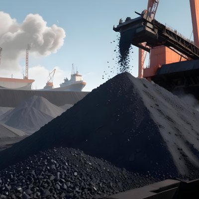 A Pile Of Coal Being Poured From A Conveyor Belt With A Large Ship In The Background Industrial Equipment And A Clear Blue Sky 29 5e19