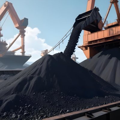 A Pile Of Coal Being Poured From A Conveyor Belt With A Large Ship In The Background Industrial Equipment And A Clear Blue Sky 31 A528