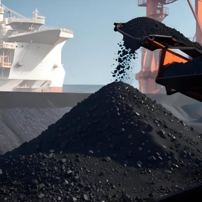 A Pile Of Coal Being Poured From A Conveyor Belt With A Large Ship In The Background Industrial Equipment And A Clear Blue Sky 33 7a59