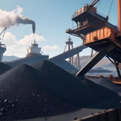 A Pile Of Coal Being Poured From A Conveyor Belt With A Large Ship In The Background Industrial Equipment And A Clear Blue Sky 6 2121