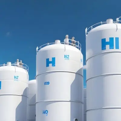 White Hydrogen Tanks With Blue H2 Labels Cylindrical Shape Industrial Design Against A Clear Blue Sky With Some Clouds Clean And Modern Aesthetic 1 533a