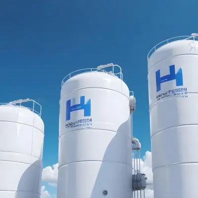 White Hydrogen Tanks With Blue H2 Labels Cylindrical Shape Industrial Design Against A Clear Blue Sky With Some Clouds Clean And Modern Aesthetic 10 Bb89