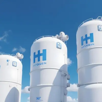 White Hydrogen Tanks With Blue H2 Labels Cylindrical Shape Industrial Design Against A Clear Blue Sky With Some Clouds Clean And Modern Aesthetic 16 De70