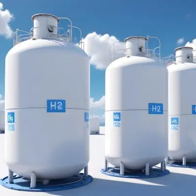 White Hydrogen Tanks With Blue H2 Labels Cylindrical Shape Industrial Design Against A Clear Blue Sky With Some Clouds Clean And Modern Aesthetic 24 9f7a