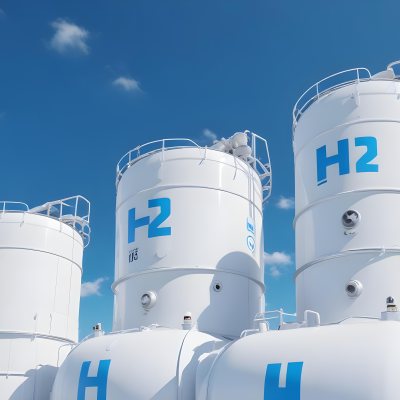White Hydrogen Tanks With Blue H2 Labels Cylindrical Shape Industrial Design Against A Clear Blue Sky With Some Clouds Clean And Modern Aesthetic 4 7e52