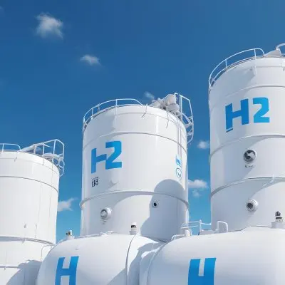 White Hydrogen Tanks With Blue H2 Labels Cylindrical Shape Industrial Design Against A Clear Blue Sky With Some Clouds Clean And Modern Aesthetic 4 7e52