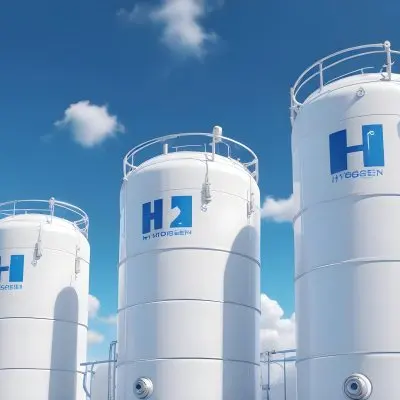White Hydrogen Tanks With Blue H2 Labels Cylindrical Shape Industrial Design Against A Clear Blue Sky With Some Clouds Clean And Modern Aesthetic 5 5018