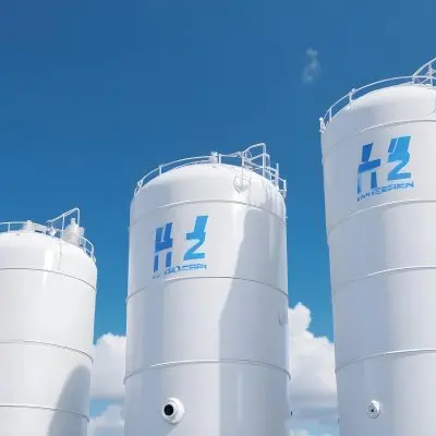 White Hydrogen Tanks With Blue H2 Labels Cylindrical Shape Industrial Design Against A Clear Blue Sky With Some Clouds Clean And Modern Aesthetic 6 C652