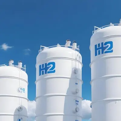 White Hydrogen Tanks With Blue H2 Labels Cylindrical Shape Industrial Design Against A Clear Blue Sky With Some Clouds Clean And Modern Aesthetic 7 1500