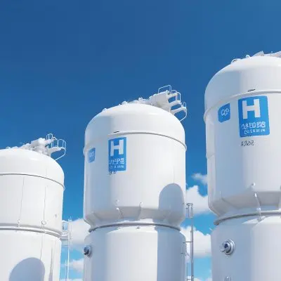 White Hydrogen Tanks With Blue H2 Labels Cylindrical Shape Industrial Design Against A Clear Blue Sky With Some Clouds Clean And Modern Aesthetic 9 E3c7