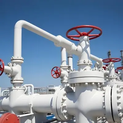 White Industrial Pipes With Blue Valves Against A Clear Blue Sky Metal Flanges And Joints Outdoor Setting Bright Sunlight Clean And Well Maintained Equipment 1 0501