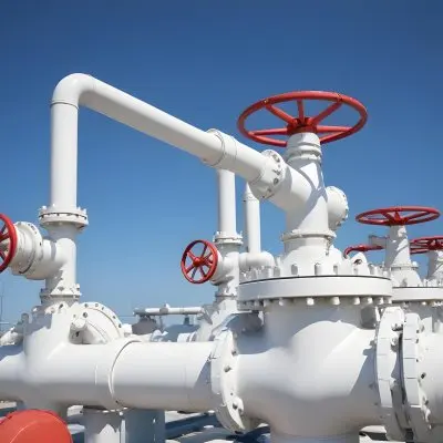 White Industrial Pipes With Blue Valves Against A Clear Blue Sky Metal Flanges And Joints Outdoor Setting Bright Sunlight Clean And Well Maintained Equipment 10 53f4