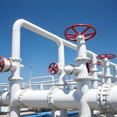 White Industrial Pipes With Blue Valves Against A Clear Blue Sky Metal Flanges And Joints Outdoor Setting Bright Sunlight Clean And Well Maintained Equipment 13 8018