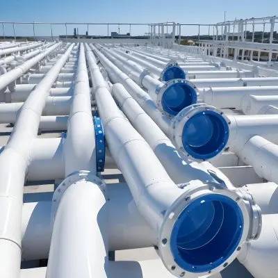White Industrial Pipes With Blue Valves Against A Clear Blue Sky Metal Flanges And Joints Outdoor Setting Bright Sunlight Clean And Well Maintained Equipment 2 Ecdc