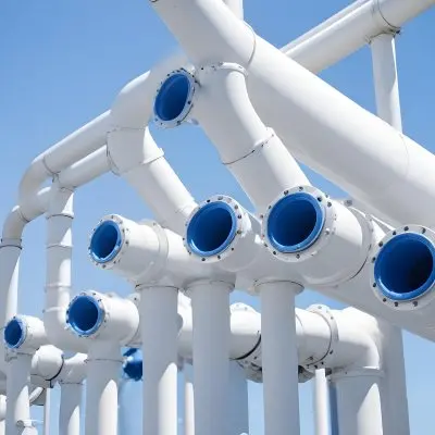 White Industrial Pipes With Blue Valves Against A Clear Blue Sky Metal Flanges And Joints Outdoor Setting Bright Sunlight Clean And Well Maintained Equipment 3 47f9