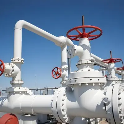 White Industrial Pipes With Blue Valves Against A Clear Blue Sky Metal Flanges And Joints Outdoor Setting Bright Sunlight Clean And Well Maintained Equipment 4 B833