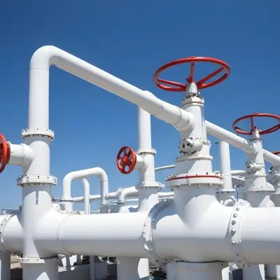 White Industrial Pipes With Blue Valves Against A Clear Blue Sky Metal Flanges And Joints Outdoor Setting Bright Sunlight Clean And Well Maintained Equipment 5 E784