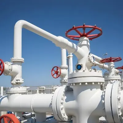 White Industrial Pipes With Blue Valves Against A Clear Blue Sky Metal Flanges And Joints Outdoor Setting Bright Sunlight Clean And Well Maintained Equipment 6 3dd5