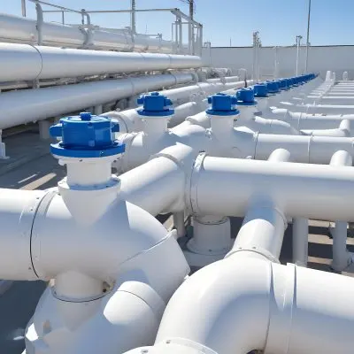 White Industrial Pipes With Blue Valves Against A Clear Blue Sky Metal Flanges And Joints Outdoor Setting Bright Sunlight Clean And Well Maintained Equipment 7 7036