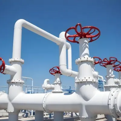 White Industrial Pipes With Blue Valves Against A Clear Blue Sky Metal Flanges And Joints Outdoor Setting Bright Sunlight Clean And Well Maintained Equipment 8 7cdd