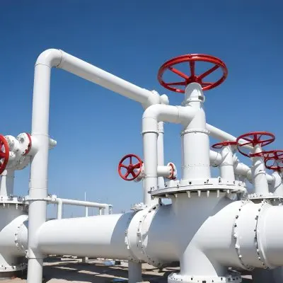 White Industrial Pipes With Blue Valves Against A Clear Blue Sky Metal Flanges And Joints Outdoor Setting Bright Sunlight Clean And Well Maintained Equipment 9 5534