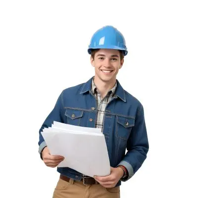 Young Caucasian Male Approximately 25 Years Old With Short Brown Hair Wearing A Blue Hard Hat And A Denim Jacket Over A Plaid Shirt Holding Blueprints In His Hands Smiling Against A Plain White Background 1 77f5