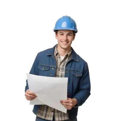 Young Caucasian Male Approximately 25 Years Old With Short Brown Hair Wearing A Blue Hard Hat And A Denim Jacket Over A Plaid Shirt Holding Blueprints In His Hands Smiling Against A Plain White Background 12 Cb15