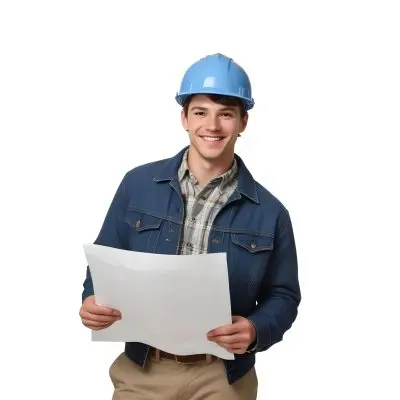 Young Caucasian Male Approximately 25 Years Old With Short Brown Hair Wearing A Blue Hard Hat And A Denim Jacket Over A Plaid Shirt Holding Blueprints In His Hands Smiling Against A Plain White Background 13 534c