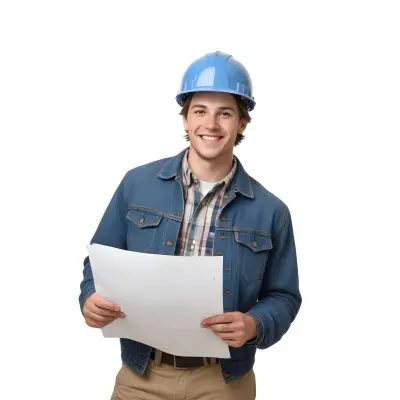 Young Caucasian Male Approximately 25 Years Old With Short Brown Hair Wearing A Blue Hard Hat And A Denim Jacket Over A Plaid Shirt Holding Blueprints In His Hands Smiling Against A Plain White Background 14 1e21