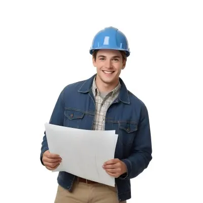 Young Caucasian Male Approximately 25 Years Old With Short Brown Hair Wearing A Blue Hard Hat And A Denim Jacket Over A Plaid Shirt Holding Blueprints In His Hands Smiling Against A Plain White Background 16 4f1a