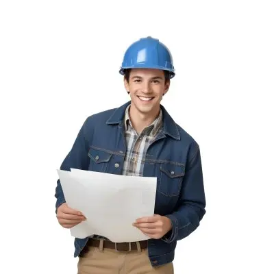 Young Caucasian Male Approximately 25 Years Old With Short Brown Hair Wearing A Blue Hard Hat And A Denim Jacket Over A Plaid Shirt Holding Blueprints In His Hands Smiling Against A Plain White Background 17 Fbca
