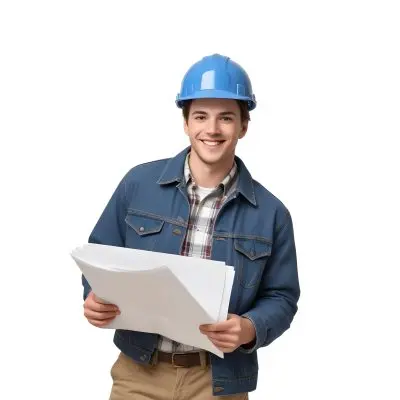 Young Caucasian Male Approximately 25 Years Old With Short Brown Hair Wearing A Blue Hard Hat And A Denim Jacket Over A Plaid Shirt Holding Blueprints In His Hands Smiling Against A Plain White Background 7 A018