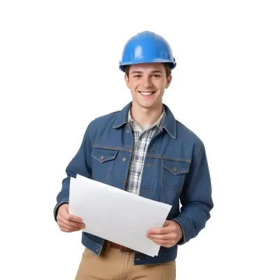 Young Caucasian Male Approximately 25 Years Old With Short Brown Hair Wearing A Blue Hard Hat And A Denim Jacket Over A Plaid Shirt Holding Blueprints In His Hands Smiling Against A Plain White Background 8 D62f