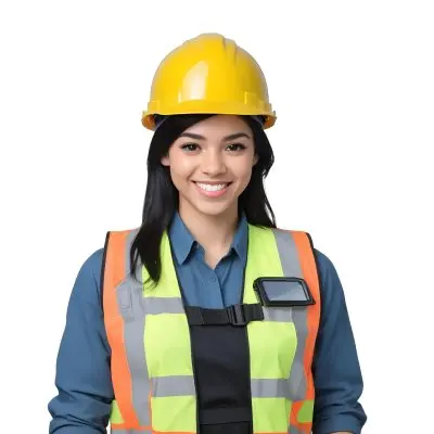 Young Woman With Light Skin And Black Hair Wearing A Blue Hard Hat And A Black Vest Over A Black Shirt She Is Smiling And Has A Blue Strap Bag Across Her Shoulder The Background Is Plain White 1 8a55