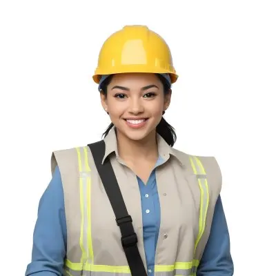 Young Woman With Light Skin And Black Hair Wearing A Blue Hard Hat And A Black Vest Over A Black Shirt She Is Smiling And Has A Blue Strap Bag Across Her Shoulder The Background Is Plain White 10 Da1f