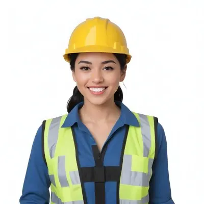 Young Woman With Light Skin And Black Hair Wearing A Blue Hard Hat And A Black Vest Over A Black Shirt She Is Smiling And Has A Blue Strap Bag Across Her Shoulder The Background Is Plain White 13 5a02