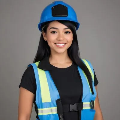 Young Woman With Light Skin And Black Hair Wearing A Blue Hard Hat And A Black Vest Over A Black Shirt She Is Smiling And Has A Blue Strap Bag Across Her Shoulder The Background Is Plain White 9 E1a3