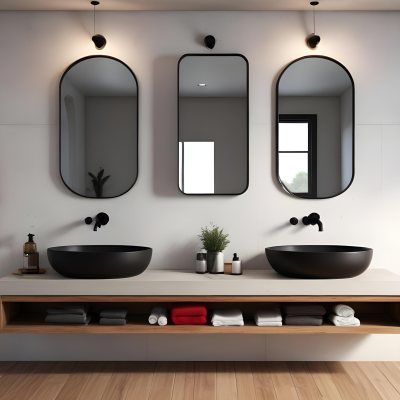 3d Model A Modern Bathroom Scene Featuring A White Concrete Wall And Wooden Floor A Long Dark Wooden Shelf Holds A Black Vessel Sink With A Mirror Framed In Black Above It Two White Pendant Lights Hang From The Ceili 9 8e87