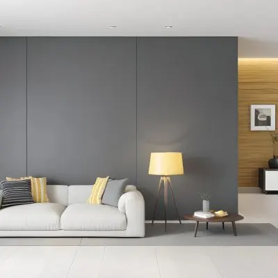3d Model A Modern Living Room Featuring A Gray Sofa With Striped Cushions A Round Wooden Coffee Table And A Floor Lamp With A Yellow Shade The Background Has A Gray Wall And A Wooden Panel With A Desk And A Yellow Cha 9 4ae0