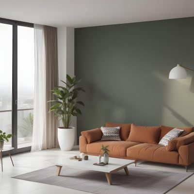 3d Model A Modern Living Room Featuring A Green Sofa With Cushions A Glass Coffee Table And A Tall Green Plant In A White Pot Large Glass Doors Lead To A Balcony Allowing Natural Light To Enter The Walls Are Paint 12 8342